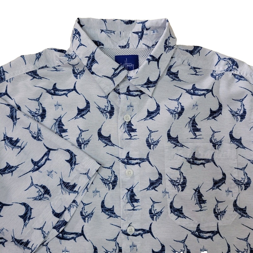 Guy Harvey Mens Medium White Button Up Fish Print Marlin Blue 100%‎ Polyester